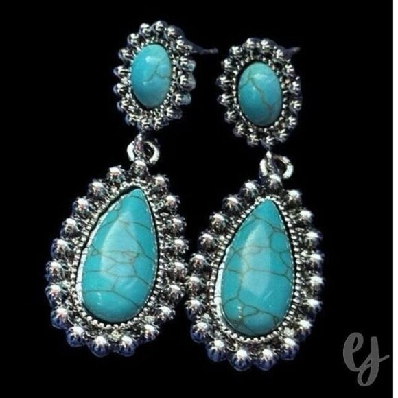 Faux Turquoise Teardrop Earrings – 1.75” Drop – Oxidized + Polished Silver Tone - Picture 1 of 9